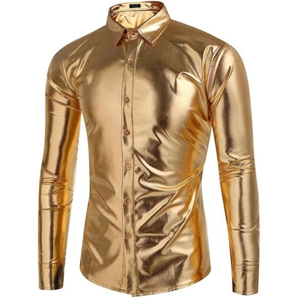 Men's Metallic Disco Shiny Slim Fit Long Sleeve Button Down Party Shirts, Golden - Picture 1 of 6